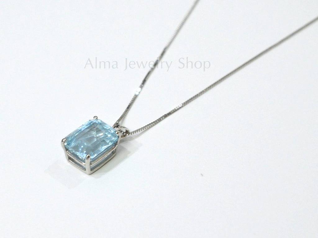 Delicate Aquamarine Pendant with white 14K Gold necklace - AlmaJewelryShop Online boutique for gold and silver jewelry 